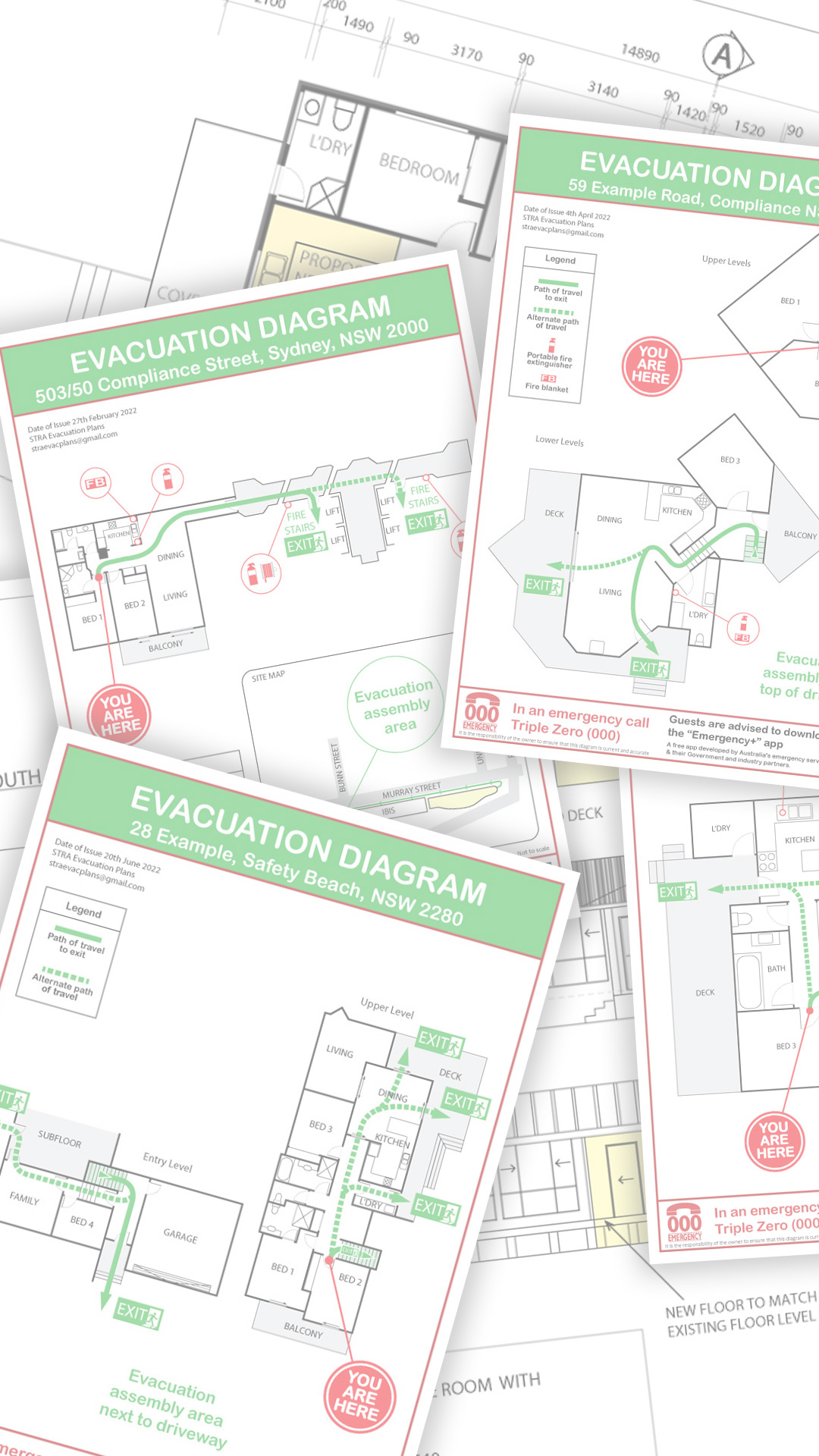 Example STRA evacuation diagrams showing compliant floor plans with exit routes