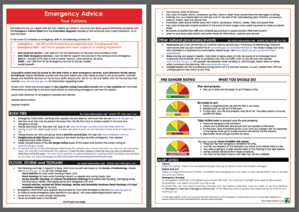 Emergency Advice Sheet showing fire danger rating information